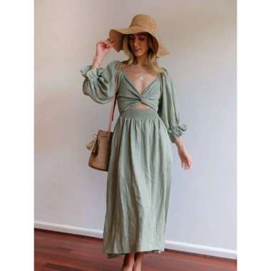 midi dress wanita retro pantai lengan panjang balon smock korea style kekinian basic casual sedang (