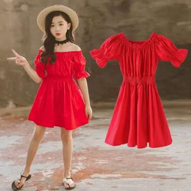 Midi Dress Anak Sabrina Off Shoulder lengan pendek Puff Kerut Pinggang Polos Selutut Usia 2 samapi 1