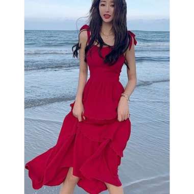 Midi Dress Wanita Singlet Ruffle Bahan Satin Tali Bahu Pantai Kecil (S/M) Biru Muda