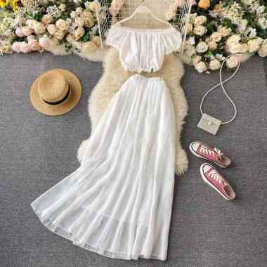 Setelan rok sabrina off Shoulder lengan pendek kerut bahan sifon chiffon ceruti S M L XL Jumbo rok a