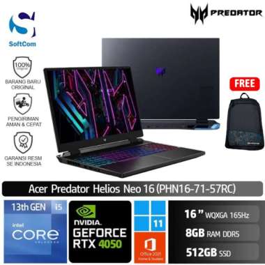 Acer Predator Helios Neo 16 PHN16 71 57RC Laptop Gaming [Core i5-13500HX/8GB/512GB SSD/RTX4050 6GB/16" 165Hz/W11+OHS]