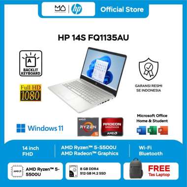 Laptop HP 14S-FQ1135AU- /14'FHD/Ryzen5-5500U/8GB/512GB/OHS2021/SILVER - Garansi Resmi
