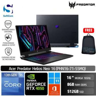 Acer Predator Helios Neo 16 PHN16 71 55MQ Laptop Gaming [Core i5-13500HX/8GB/512GB SSD/RTX4050 6GB/16" WUXGA/W11+OHS]