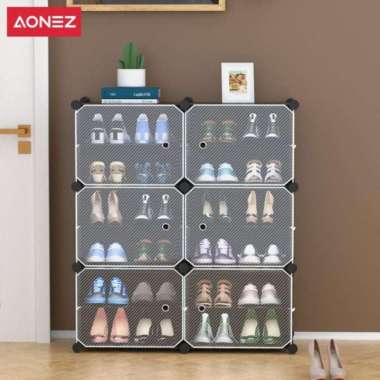 AONEZ Rak Sepatu Anti Debu Anti Air 2 Baris 6 Tingkat 2-Row 6-Layer Shoe Cabinet Black