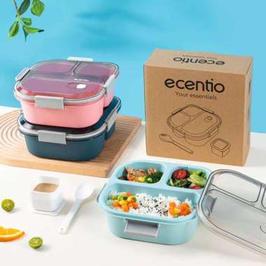 ecentio - lunch box plastic 3 grid 1100ml - Kotak Makan 3 Sekat Pink