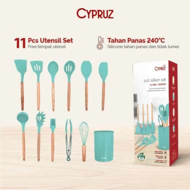 Cypruz - GREEN Wooden Handle Silicone Head: Set/12pcs - Utensil Set Sutil Spatula