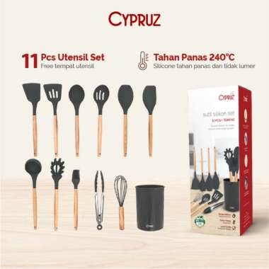 Cypruz - GREYISH BLACK Wooden Handle Silicone Head: Set/12pcs - Utensil Set Sutil Spatula