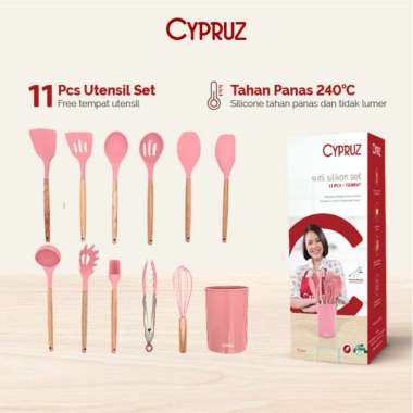 Cypruz - PINK Wooden Handle Silicone Head: Set/12pcs -Utensil Set Sutil Spatula