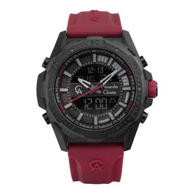 Jam Tangan Pria Alexandre Christie Digi AC 9370 MH RIPBARE Men Digital Analog Dial Red Rubber Strap 
