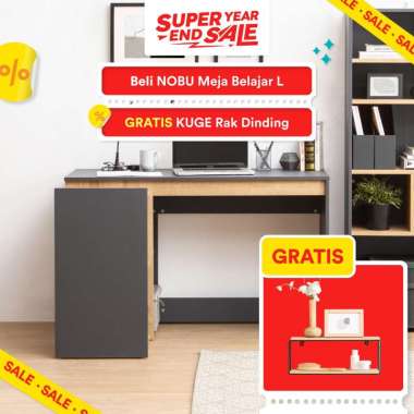 Dekoruma Nobu Meja Belajar Kayu L FREE Kuge Rak Dinding Kayu 2 Tingkat