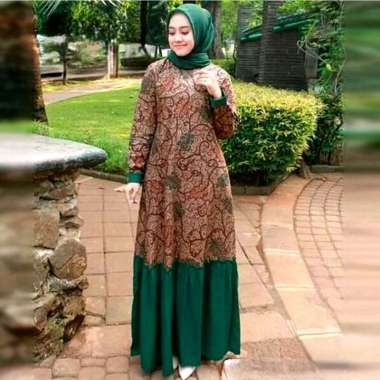 No Brands- Gamis Batik Wanita Kombinasi - Gamis Rempel Meisya Semua Ukuran HIJAU