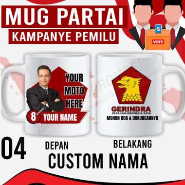 Souvenir Mug Pemilu Custom - Mug Partai - Mug Caleg GERINDRA Custom nama + foto