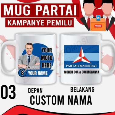Souvenir Mug Pemilu Custom - Mug Partai - Mug Caleg DEMOKRAT Custom nama + foto