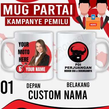 Souvenir Mug Pemilu Custom - Mug Partai - Mug Caleg PDIP Custom nama + foto