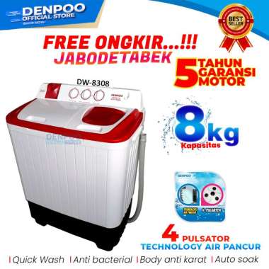 Denpoo DW 8308 4P Mesin Cuci 2 Tabung Unit Only White - Red JABODETABEK