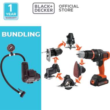 Black + Decker Bor Hammer Drill Multifungsi Multi Evo 6 Heads Kit (EVO185K6-B1) + Inflator