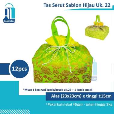 Tas Kain Serut Spunbond Sablon Motif Hajatan Syukuran Besekan Uk 22x22 isi 12pcs Hijau