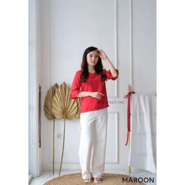 ELLIPSESINC Atasan Vneck Korea Wanita / Atasan Kerja Wanita / Vneck Trumpet Blouse L MERAH