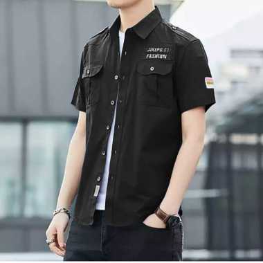 Kemeja Lengan Pendek Pria Hem Casual Barry Cowok Baju Pria Distro Hitam M-L