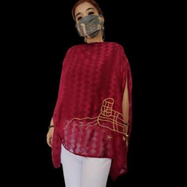 Blouse Jumbo Tunik Kimono Batwing Big Size Sifon Maron Asimetris GESYAL Border Bali