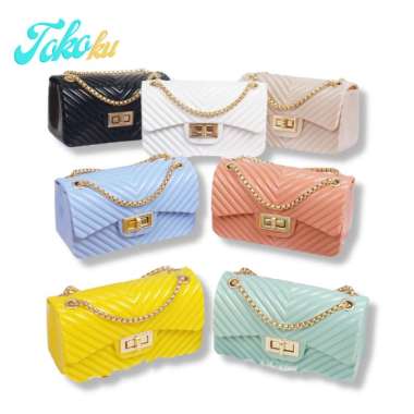 TAS SELEMPANG JELLY GLOSSY SALUR 22 CM PEACH