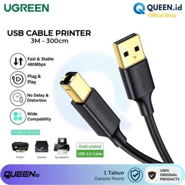 Ugreen Kabel Data Printer 3M USB A To B 2.0 Gold Plated US135 10351 - Kabel Sambungan Printer 300CM 