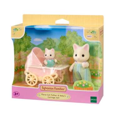 Mainan Koleksi Sylvanian Families Floral Cat Father & Baby's Carriage Set