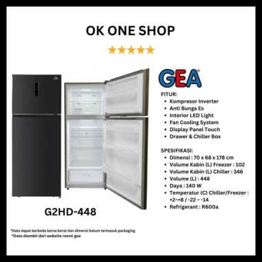 GEA Kulkas 2 Pintu Inverter G2HD 448 | Refrigerator 2 Door G2HD448 G2HD-448 Black Glass