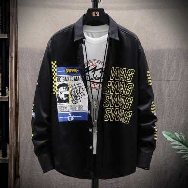 Kemeja Kasual Original Toyobo Motif Swag Lengan Panjang Pria Hitam XL