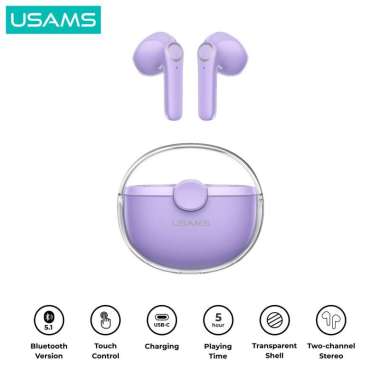 USAMS BU12 TWS Transparent Unique Macaron Earphone Bluetooth 5.1 Ungu