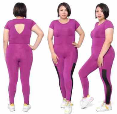 Setelan Leging garis tile dan Crop Lubang pendek Jumbo untuk baju senam gym fitness Magenta
