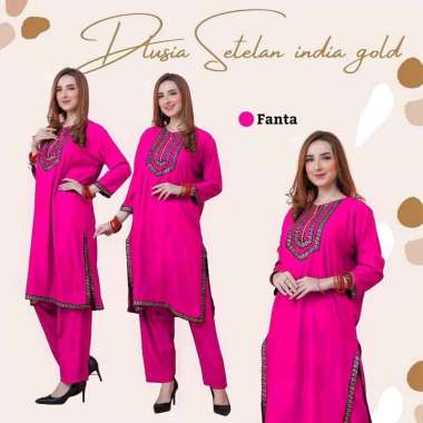 Dlusia India One Set Wanita Tunik Renda Jumbo Rayon Premium Setelan Wanita Lengan Pendek Set Baju Mu