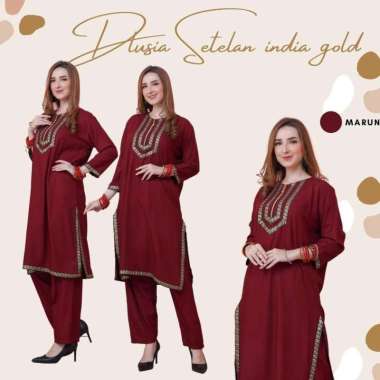 Dlusia India One Set Wanita Tunik Renda Jumbo Rayon Premium Setelan Wanita Lengan Pendek Set Baju Mu