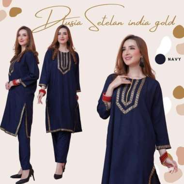 Dlusia India One Set Wanita Tunik Renda Jumbo Rayon Premium Setelan Wanita Lengan Pendek Set Baju Mu