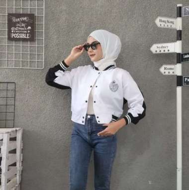 Jaket Wanita Termurah Berkualitas - Vintage Crope Baseball L Putih