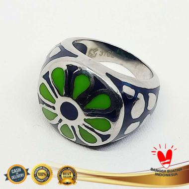 Cincin Titanium Batu Giok Hijau Bulat - VeE Cincin Wanita Pria Hijau