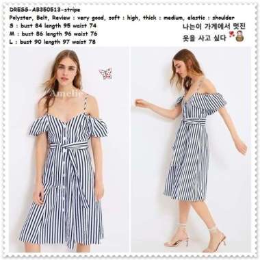 AB350513 Midi Mini Dress Sabrina Garis Biru Putih Wanita Korea Import