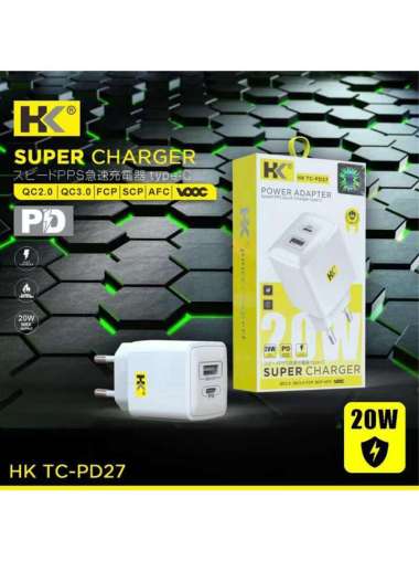 Adapter Charger HK PD27 USB & Type C PD Quick Charger 20W Putih
