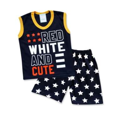 Skabe Pakaian Bayi Anak Laki Laki Baju Atasna Singlet Motif Red White Setelan Celana Kaos Full Print