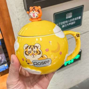 Gelas Minum Model Harimau / Mug Keramik Berkualitas + Sendok Karakter KUNING