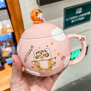 Gelas Minum Model Harimau / Mug Keramik Berkualitas + Sendok Karakter PINK