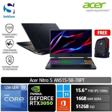Acer Nitro 5 AN515 58 78OQ Laptop Gaming [Core i7 12700H/16GB/512GB SSD/RTX3050 4GB/15.6″/Win 11 Hom