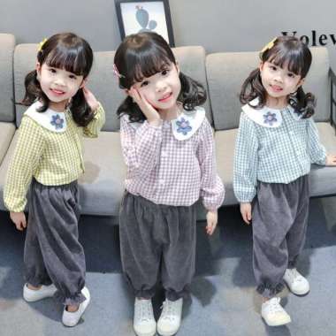 Setelan Set 2pcs Anak Perempuan Korea Kotak2 CLAUDIA SETELAN BAJU ANAK CEWEK KEMEJA LENGAN PANJANG A