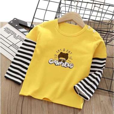 Baju Tshirt Atasan Kaos Lengan Panjang Kancing Pundak Anak Bayi Laki-Laki Perempuan Yellow Garfield 