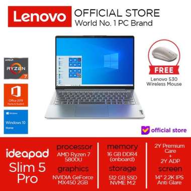 LENOVO Laptop IdeaPad 5 Pro / AMD Ryzen 7 / 16GB RAM / 512GB SSD / NVIDIA GeForce MX450 / 14" / Wind