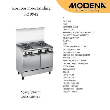 Kompor Oven Freestanding Modena FC 9942 S, 4 Tungku Gas dengan Grill dan Stainless Steel Top Plate