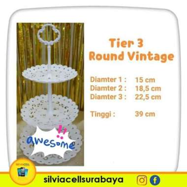 Rak Susun Plastik Round Vintage Kue 3 Tier Stand White Cup