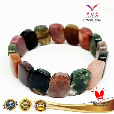 Vee Batu Giok Burma Asli Kotak Gelang Kesehatan Unisex Coklat Hijau