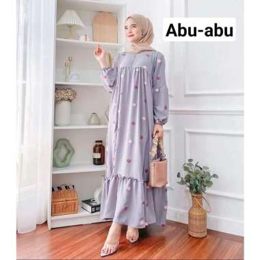Pom Pom Bordir Gamis Wanita Crinkle Airflow Premium Dress Wanita Lengan Balon Karet Baju Wanita Musl