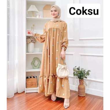 Pom Pom Bordir Gamis Wanita Crinkle Airflow Premium Dress Wanita Lengan Balon Karet Baju Wanita Musl